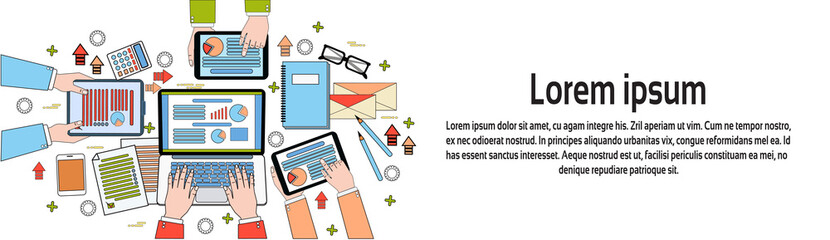 Poster - business workplace top view, businesspeople work process, diagrams and documents, hands using digita