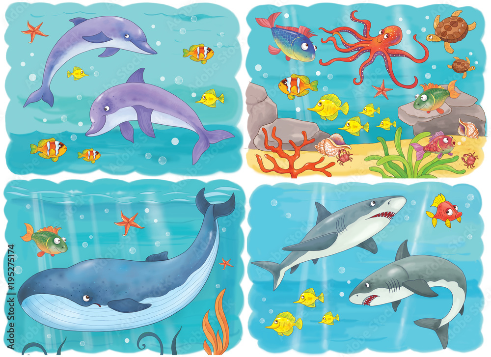 Cute sea animals. Ocean. Coloring book. Coloring page. Funny cartoon ...