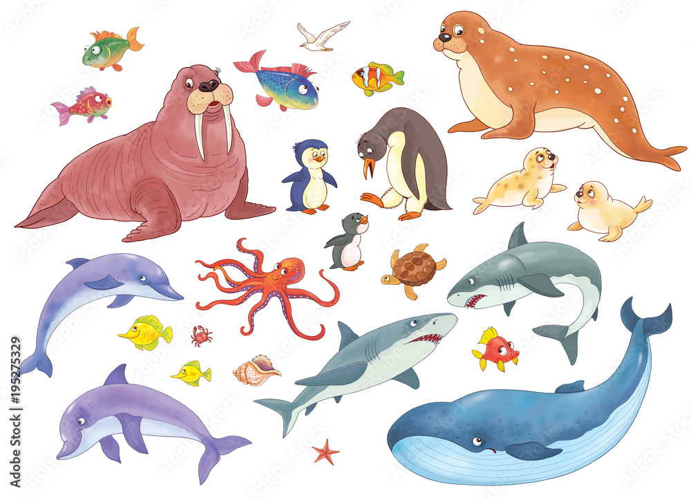 Cute sea animals. Ocean. Coloring book. Coloring page. Funny cartoon ...