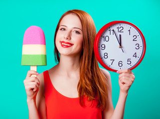 Poster - Smily girl with ice-cream and big clock