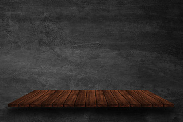 Wall Mural - Empty top of wooden shelves on dark concrete wall background, For product display.