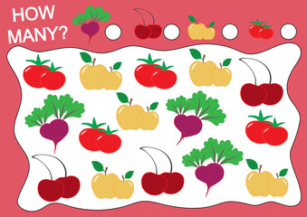 Wall Mural - Count how many fruits, berries and vegetables. Learning numbers, mathematics. Game.