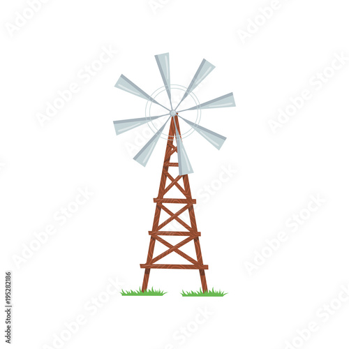 Eight Bladed Wind Pump Used To Pumping Water From The Ground Old Farm Windmill On Wooden Tower Agricultural Construction Cartoon Flat Vector Design Buy This Stock Vector And Explore Similar Vectors At