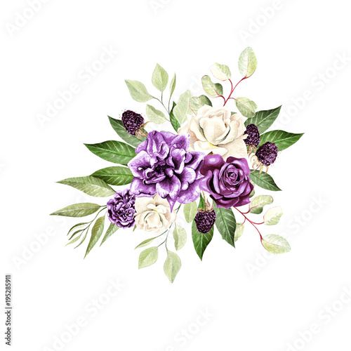 A beautiful watercolor bouquet with roses and peony flowers, eucalyptus and b...