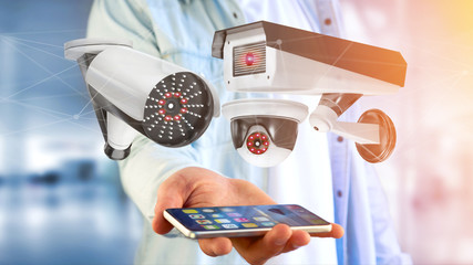 Poster - Businessman using a smartphone with a Security camera system and network connection - 3d rendering