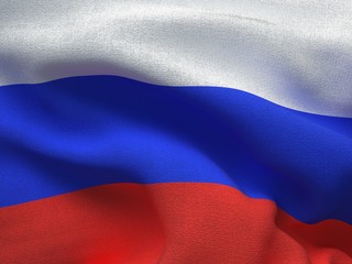 Texture of a fabric with the image of the flag of Russia, waving in the wind.