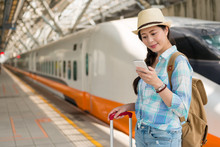 Beautiful Travel Asian Woman Texting Message
