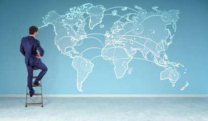 Poster - Businessman watching manuscript world map connection on a wall 3D rendering