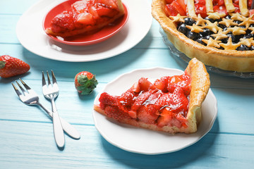 Wall Mural - Piece of tasty American flag pie on table