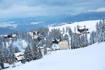 Sticker - Beautiful mountain ski resort on snowy day. Winter vacation