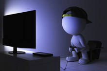 Spielsucht - Süchtiger Junge Sitzt Mit Seinem Gamepad In Der Hand Vorm Nachts Vorm Fernseher
