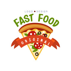 Sticker - Fast food logo original design, badge with pizza sign, fast food menu vector Illustration on a white background