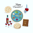 Happy Passover Jewish Holiday symbols, icons set, four wine glass, matza - jewish traditional bread for Passover Festival, passover plate, haggadah, seder pesach greeting card vector Israel Design