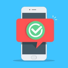 Smartphone And Checkmark Vector Illustration, Flat Cartoon Mobile Phone Approved Tick Notification, Idea Of Successful Update Check Mark, Accepted, Complete Action On Cellphone, Yes Or Positive Vote