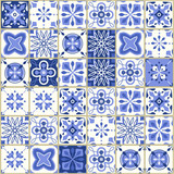 Fototapeta Kuchnia - Seamless pattern with portuguese tiles. Vector illustration of Azulejo on white background. Mediterranean style. Blue design.