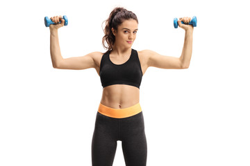 Sticker - Fitness woman exercising with small dumbbells