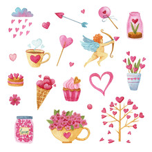 Big Watercolor Set Of Elements For Valentine's Day. Cupid, Cup, Flowers, Wood, Arrow, Cake, Rain, Cloud, Heart. 