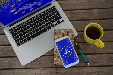 Poster - Composite image of laptop, mobile phone, dairy, pen and coffee