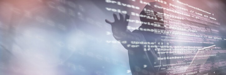 Wall Mural - Composite image of hacker holding laptop while gesturing