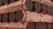 Warehouse of copper pipes. Rolled metal product. 3d illustration.