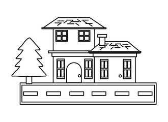 Two floors house with pine trees and the street  over white background vector illustration