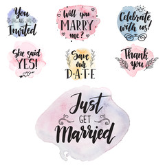 Wall Mural - Wedding day marriage proposal phrases text lettering invitation cards calligraphy hand drawn greeting love label romantic vector illustration.