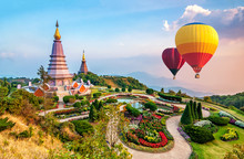 Colorful Hot-air Balloons Flying Over The Doi Inthanon National Park With Sunset At Chiang Mai, Thailand.
