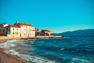 Wall Mural - Panoramic view on a beautiful beach of a small Croatian town Postira - Croatia, island Brac