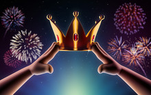 Hands Cartoon Are Wearing A Golden Crown On Head Copy Space On A Background With Fireworks. Winner. Leader. Selfish Person. Award Ceremony Concept. 3d Render