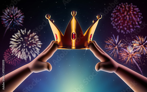 Cuadros en Lienzo Hands cartoon are wearing a golden crown on head copy space on a background with fireworks