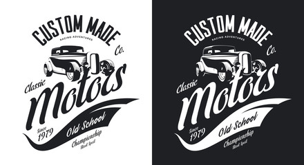 Wall Mural - Vintage custom hot rod motors black and white tee-shirt isolated vector logo. 
Premium quality old sport car logotype t-shirt emblem illustration. Street wear hipster retro badge tee print design.