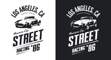 Vintage Roadster Car Black And White Isolated Vector Logo. 
Premium Quality Old Sport Vehicle Logotype T-shirt Emblem Illustration. Los Angeles Racing Street Wear Hipster Retro Tee Print Design.