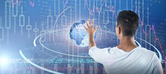 Poster - Composite image of man pretending to touch an invisible screen