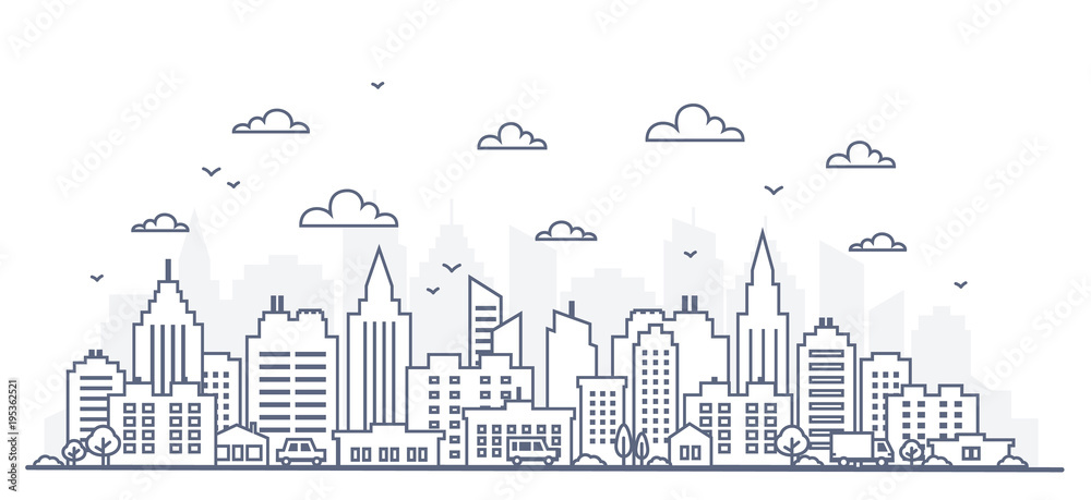 Thin line style city panorama. Illustration of urban landscape street ...