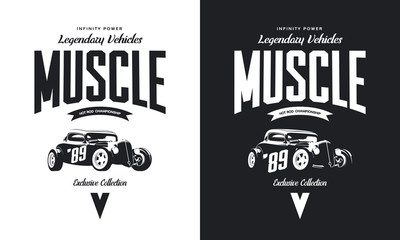 Vintage custom hot rod black and white tee-shirt isolated vector logo. 
Premium quality old sport car logotype t-shirt emblem illustration. American street wear hipster retro tee print design.