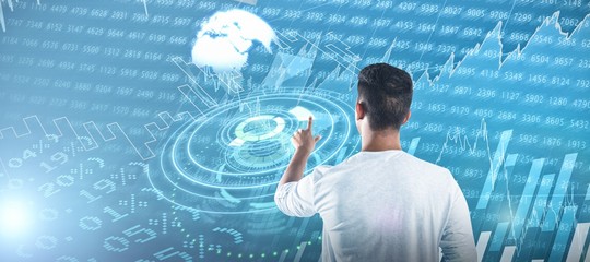 Poster - Composite image of man pretending to touch an invisible screen