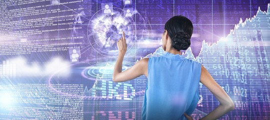 Poster - Composite image of rear view of businesswoman with hand on hip