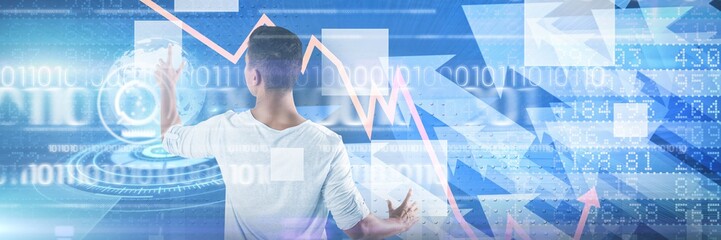 Poster - Composite image of man pretending to touch an invisible screen