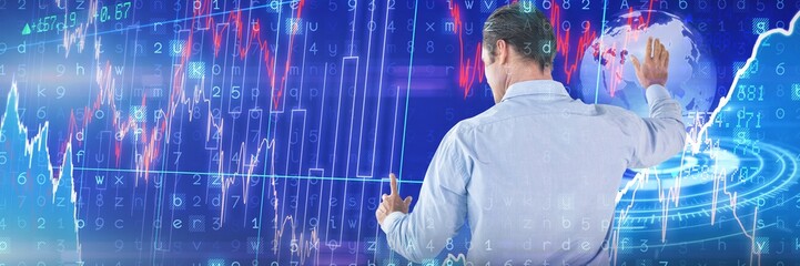 Poster - Composite image of businessman in blue shirt touching interface