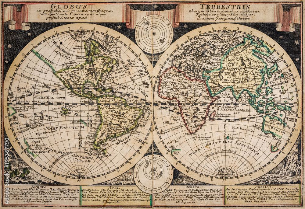 Obraz na płótnie Antique map of the world of the XVIII century, map of 1749 w salonie