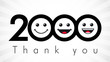 Thank you 2000 followers numbers. Congratulating black and white thanks, image for net friends in 3 three colors, customers likes, % percent off discount. Round isolated emoji smiling people faces.