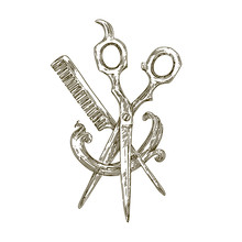 Comb And Scissors With Hair Strand. Engraving Style. Vector Illustration.