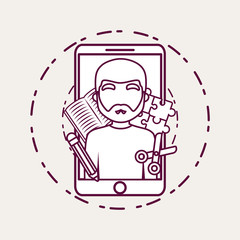 Sticker - Smartphone and avatar man and creative process related icons over white background vector illustration