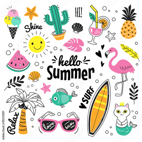 Obraz na płótnie Hello Summer collection. Vector illustration of colorful funny doodle summer symbols, such as flamingo, ice cream, palm tree, sunglasses, cactus, surfboard, pineapple and watermelon.