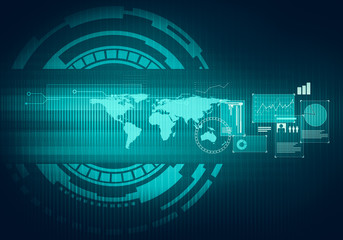 Aufkleber - Abstract future, concept business technology illustration, futuristic blue virtual graphic touch screen with user interface. HUD. Charts, diagrams, world map icon.