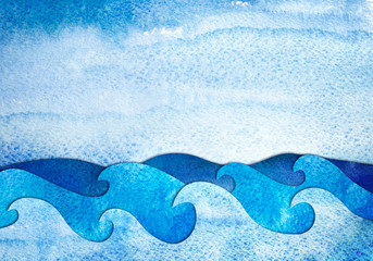 Abstract hand drawn illustration. Sea applique from watercolor painted paper. Creative background.