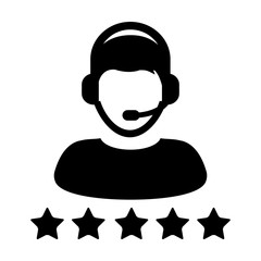 Wall Mural - Service Icon Vector Customer Star Ratings for Male Online Support Person Profile Avatar with Headset in Glyph Pictogram illustration.