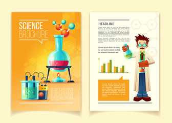 Science brochure vector template, front and back side, educational leaflet, flyer with different chemistry equipment, vials, flasks, molecules, chemical formulas and scientist in cartoon style