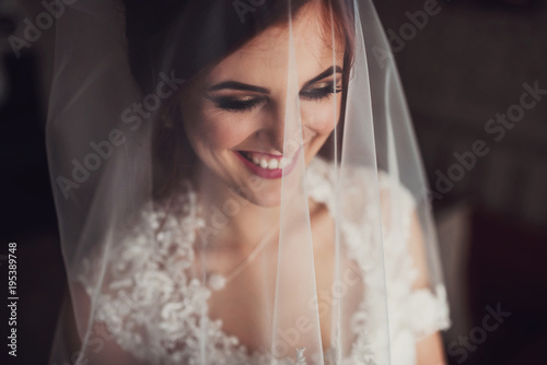 Beautiful Young Bride With Wedding Makeup And Hairstyle In Bedroom