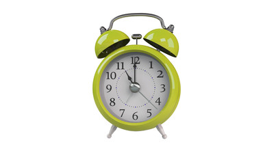 3d rendering of grey gray white Alarm clock isolated on white. It shows exact time and has two bells. metal legs. hour minute alarm hands